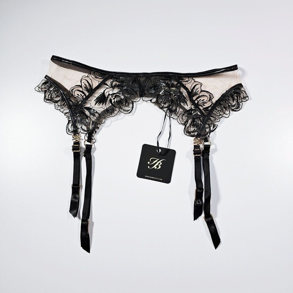 Honey Birdette Seraphina Black Sheer Floral Embroidery Suspender Garter Belt L
